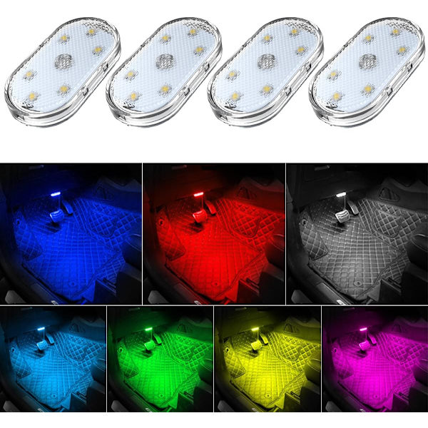 4 kpl Auton LED-valot Sisätiloihin Langattomat, 7 Väriä Auton Sisävalot, Kannettava USB-Latautuva Auton Sisätila LED-Yövalo