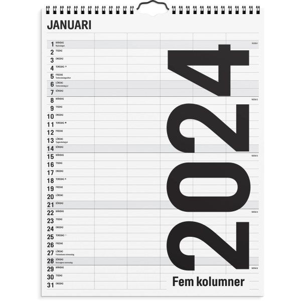 Familiekalender 2024 Sort og hvid 5 kolonner black