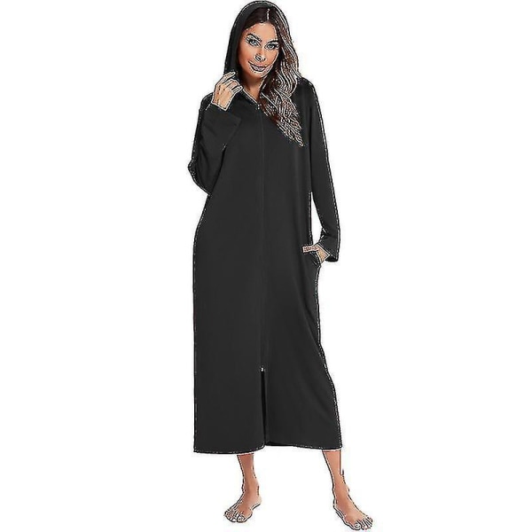 Lang hættetrøje Badekåbe til kvinder med lommer - Zip Up Robe Natkjole Housecoat liggestol Black S