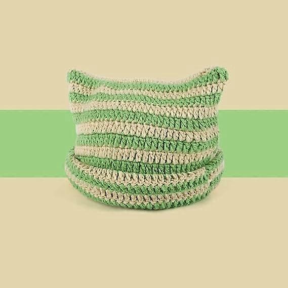 Damer Kat Beanie Hæklet Hatte med Ører Strikket Vinter Varmt Elastisk Kasket Slouchy til Piger Voksne Børn Grön