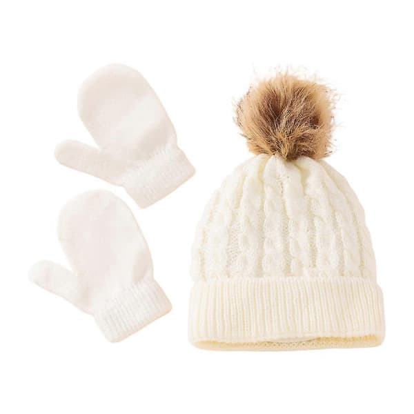 Vintervarm Baby Enfärgad Mössa Handskar Set Pälsboll Mössa Vantar Kit Barn Flickor Pojkar Stickad Kantmössa Vit White