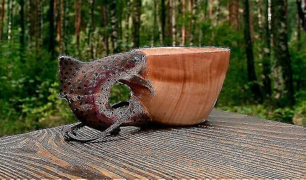 Håndskåret trekopp med dyrehodebilde for reisende utendørs camping Fish