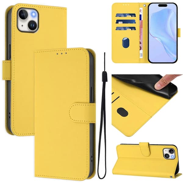 Skinnkänsla Läder Telefonfodral För iPhone 15 Plus Lemon Yellow