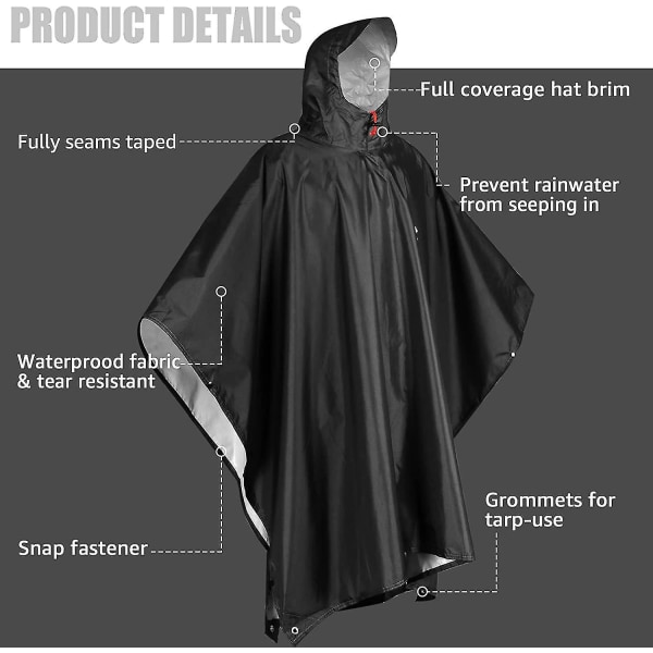 Althee Vedenpitävä Rain Poncho Kevyt uudelleenkäytettävä vaellushupullinen takki ulkoiluun