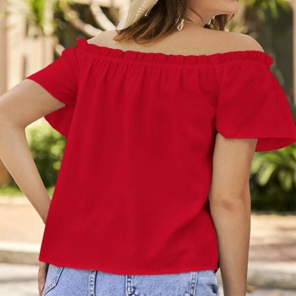 Kvinde Solid Farve Kortærmet Ruffle Trim Off Shoulder Løs Sommer Bluse Rød