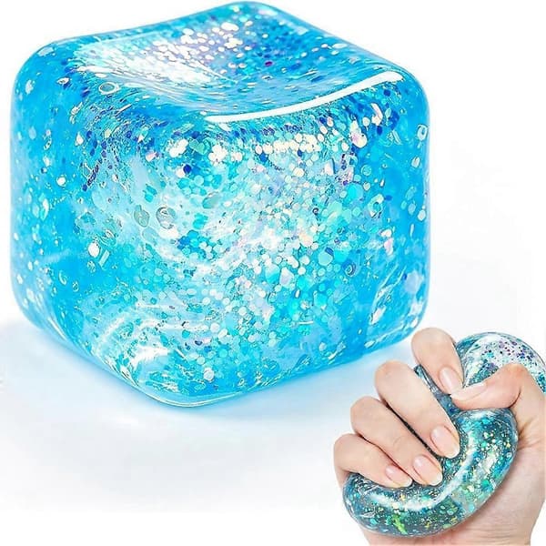 Ice Cube Squishy Fidget Toy, Långsamt stigande klämbar sensorisk leksak stressboll för ångestlindring Blå-Glitter Blue