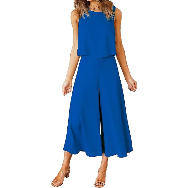 Roylamp sommerantrekk for kvinner i 2 deler Rundhalset Crop Basic Topp Beskåret buksesett med brede ben, Jumpsuits Royal Blue Large