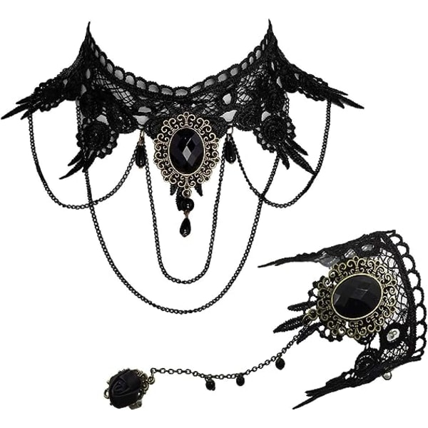 2kpl Vintage Lace Choker Set Musta Goth Kaulakoru Halloween Korut