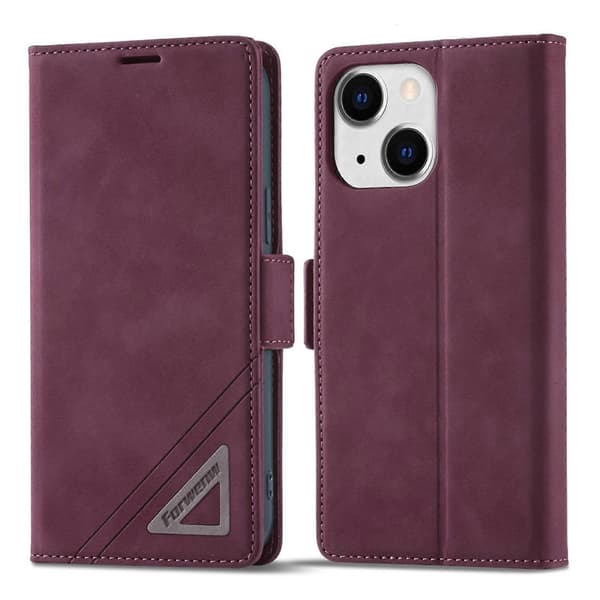 For iPhone 14 Plus Forwenw Dubbelsidigt Spänne Läder Telefonfodral Wine Red