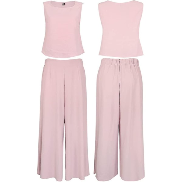 Roylamp Sommer-outfits til kvinder i 2 dele Rundhalset Crop Basic Top Beskåret Bukser med brede ben, Jumpsuits Pink Purple Small