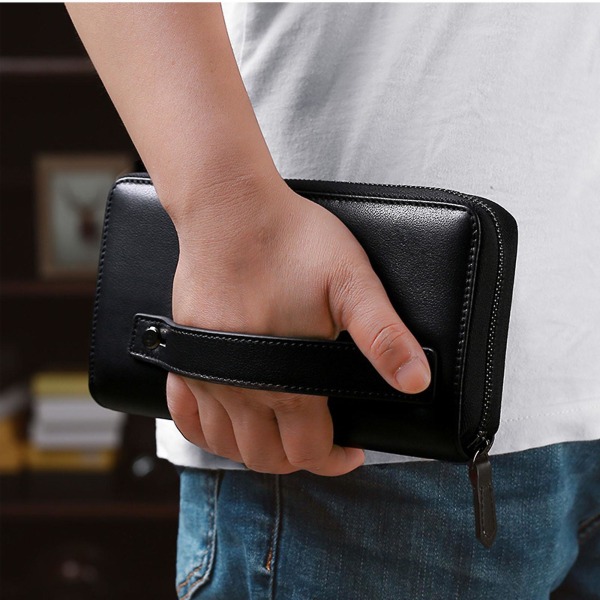 Slitesterk clutchveske for menn Vanntett lommebok bærbar retro veske med stor kapasitet Black 2