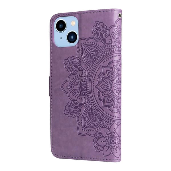 För iPhone 14 Plus 7-bladiga Blommor Prägling Läderfodral Light Purple