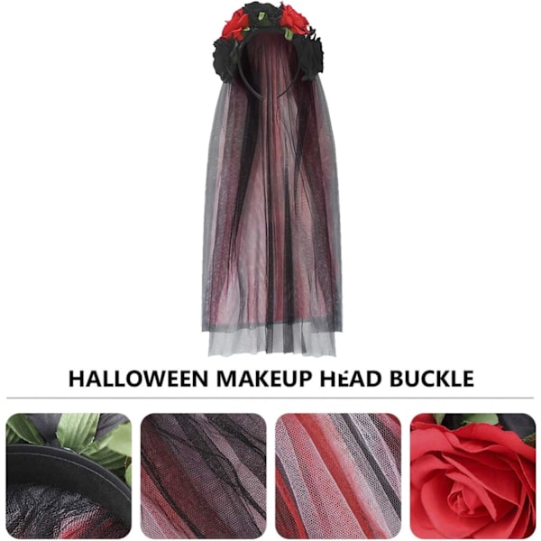 Halloween Gothic Blomsterkrans med Svart Slør Hodebånd Cosplay Bryllup Hodeplagg Kostyme Hodeplagg Tilbehør Red/Long Veil