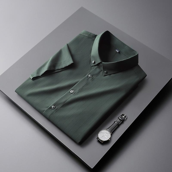 Mörkgrön vertikalrandig kortärmad skjorta herr sommartröja herr koreansk version Business Casual herrskjorta XL