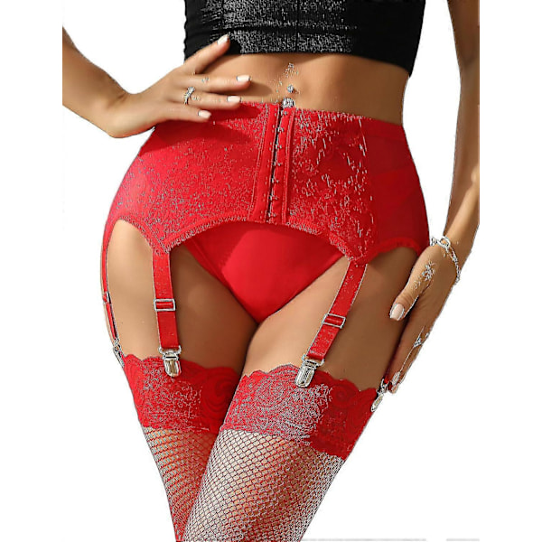 Dam Garterbälte Plus Size Spets Garter och 6 Metallklämmor Justerbara Underkläder Garter Hängslen Underkläder Midje Garter Set Red L