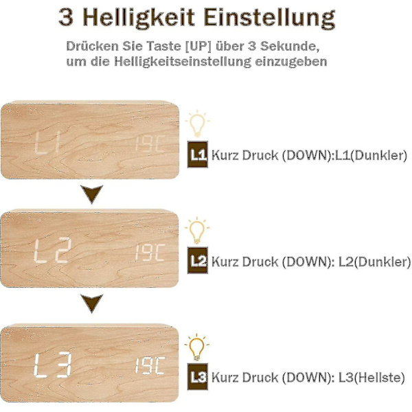 Träbordsklocka - Led digital väckarklocka - Stående klocka med datum, temperatur och USB port - Batteridriven - Bambu - Vit