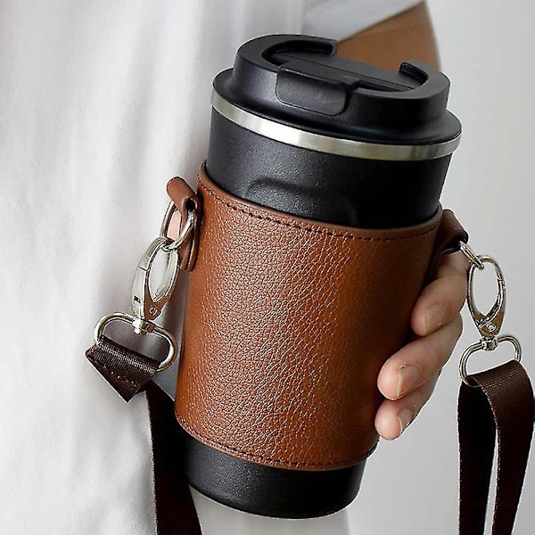 Bärbar kopphållare i PU läder, kaffekoppshållare i läder med axelremmar, återanvändbar kaffefodral i läder Dark brown S
