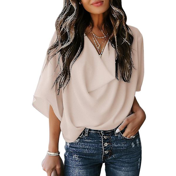 Ruched Toppar Dam V-hals Kort Batwing-ärm Lös Ren Färg Dam Casual Blus För Fest Kontor Resor Apricot M