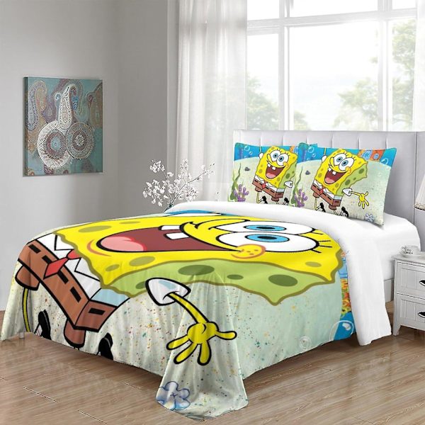 HOUKIG Spongebob Täckeöverdrag 3D-tryck Animefigurer Täckeöverdrag för Tonåringar och Vuxna Quiltöverdrag med Kuddfodral med Blixtlås Stängning Mjuk Mi Single135x200cm
