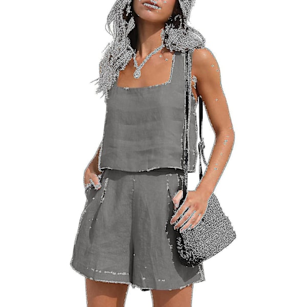 Kvinnors 2-delade outfits Matchande set, linneshorts Crop Tops Summer Vacation Set Grey XL