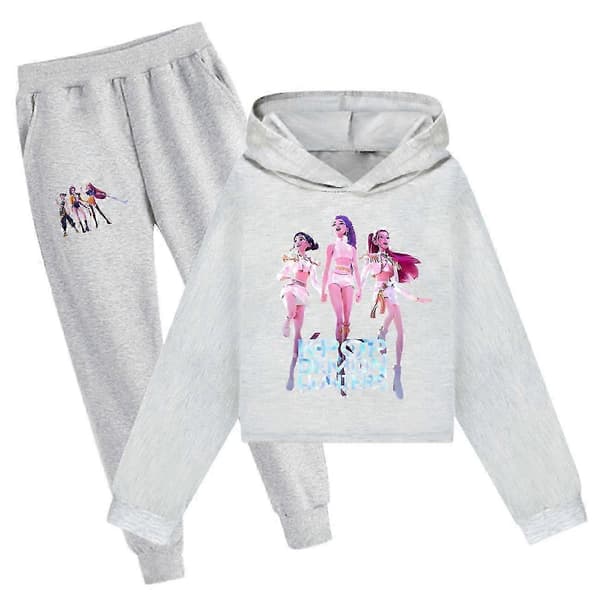 Piger K-pop Demon Hunters Hættetrøjer Børn Sweatshirt Pullover Toppe Bukser Sæt 03 Gray 170