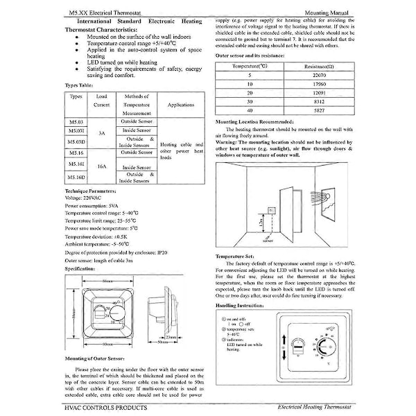 Mekanisk termostat fjernkontroll gulvvarme regulator temperaturkontroll 16A 220V gulvvarme Black