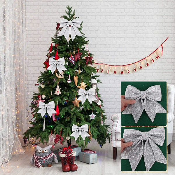 5st Julband Rosett 24cm Stor Storlek Julrosetter Band Flugor Ornament Juldekoration För Julgranar Presentinslagning Jul Tr silver