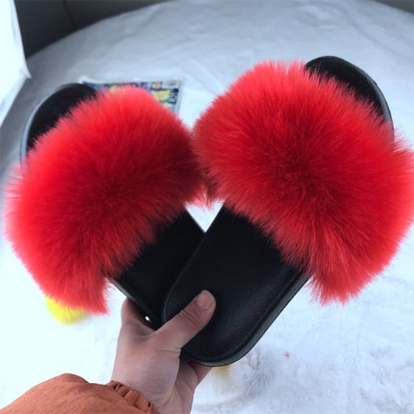 Kvinner Komfortable Fluffy Faux Fur Flat Sliders Slippers Sandaler Red 43