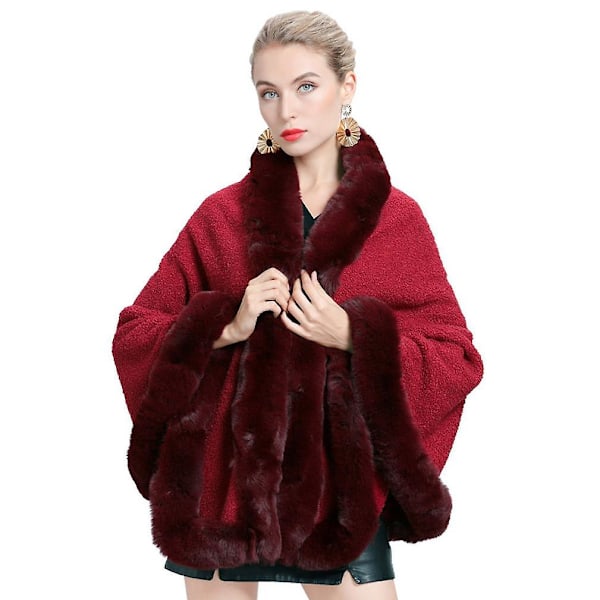 Red Loose Blanket Shawls With Faux Fur Trimming Colloar Crochet Cardigant For Lady