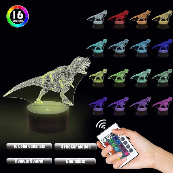 Børne 3d Dinosaur Night Light Optisk Illusion Lampe T Rex Light Remote med 16 farver skiftende fødselsdagsgave idé til Dino Fan Drenge Piger