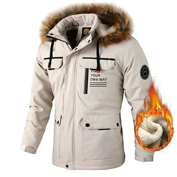 Varm Fleece Parka för Herrar med Huva och Pälskrage, Vindtät Jacka, Klassisk Casual Kappa - Nyhet för Vintern 2024 Blanco XL