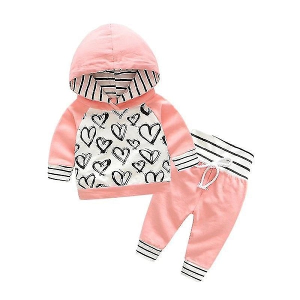 Söt Bebis Nyfödd Kläder Huvad Tröja & Byxa Set Pink 1 9M