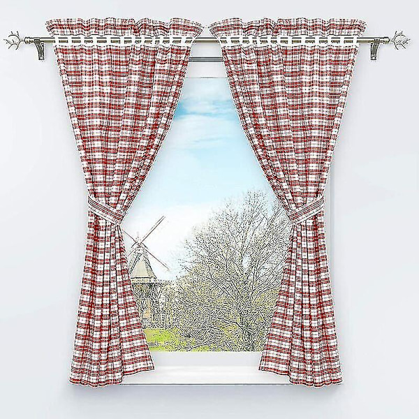 Set med 2 mörkläggningsgardiner perforerade med 2 rutiga fönsterdekorationer för inredning i sovrummet Röd H/B 120/80cm
