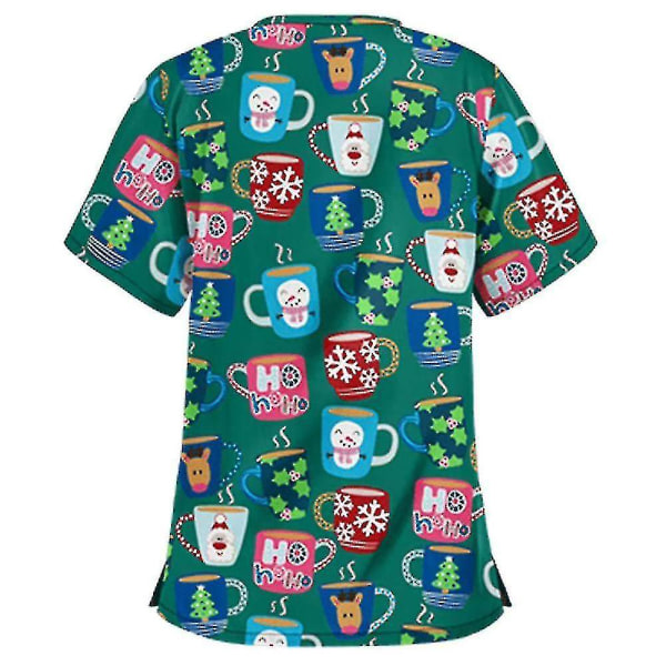 Jul Kvinder Sygepleje Uniform Scrub Kortærmet T-shirt Xmas Bluse Tee Toppe-l-cups Grøn