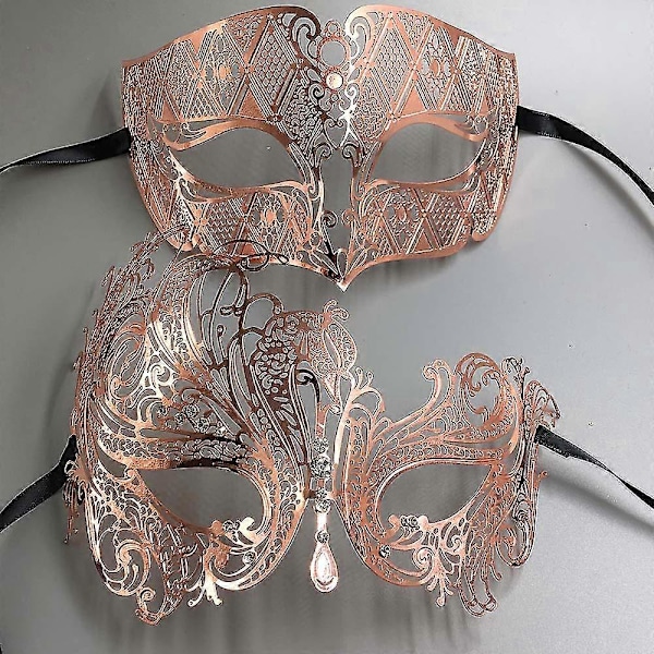 Sort Sølv Guld Metal Filigran Laser Skåret Par Venetiansk Festmaske Bryllup Ball Maske Halloween Maskerade Kostume Masker Sæt Silver Clear Diamond