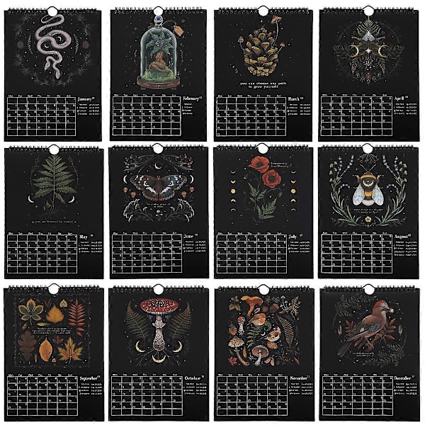 Dark Forest - Kuukalenteri 2025 - Illustraatioilla Varustettu Seinäkoriste Koti- ja Toimistotiloihin - Kuun Vaiheet - Lahja - Sisustus Black