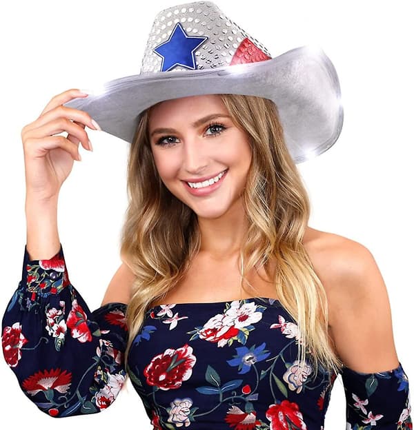 Rød, Hvid og Blå Sequin Lysende LED Cowboyhat med Hvid LED-Kant
