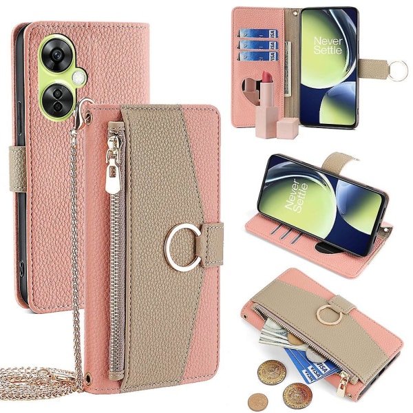 Til OnePlus Nord CE 3 Lite 5G/Nord N30 5G etui PU læder lynlås lommestativ Telefoncover Pink Style E OnePlus Nord CE 3 Lite