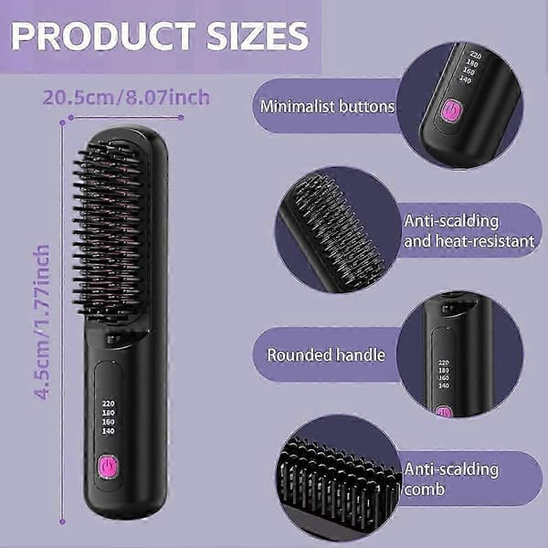 Sladdlös plattborste, Gobrush Pro Enkel hårstyling, Snabbuppvärmd trådlös minihårborste Black