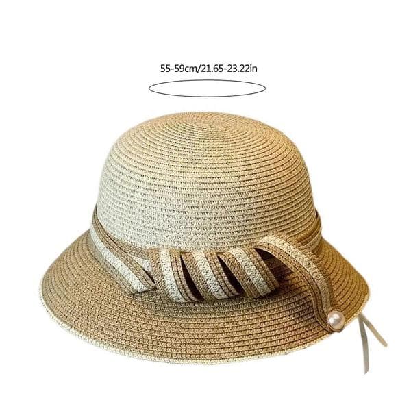 Western stråhat med perle håndvævet åndbar solhat britisk hat elegant flettet bælte stråhat bådhat Beige