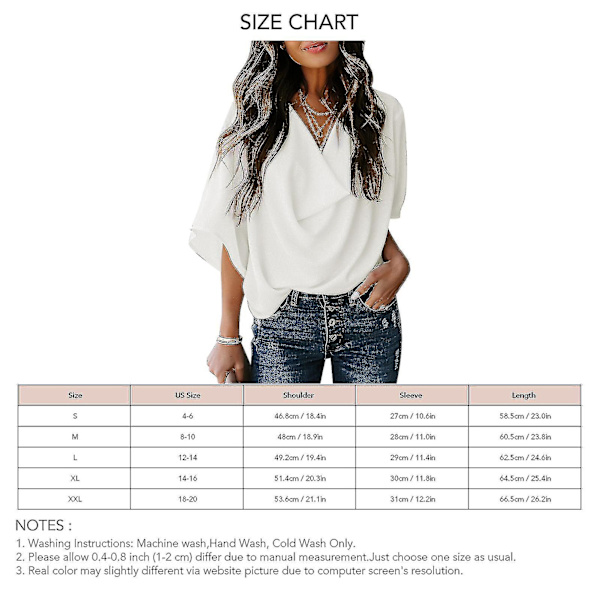 Ruched Toppar Dam V-hals Kort Batwing-ärm Lös Ren Färg Dam Casual Blus För Fest Kontor Resor White L