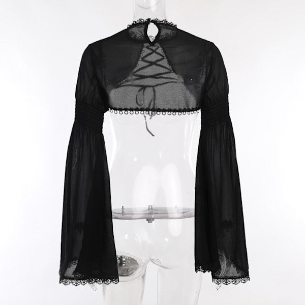 Gotisk Elegant Spetsad Kort Topp med Snörning - Grunge Chiffon Blus med Flareärmar - Svart Emo Alternativ Överdel för Kvinnor M