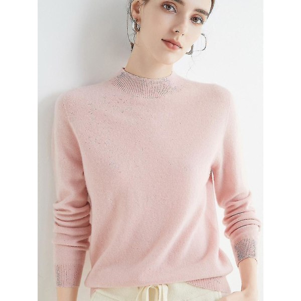 Cashmere tröja för kvinnor 100 % Cashmere Lätt långärmad stickad tröja med rund hals Pink L