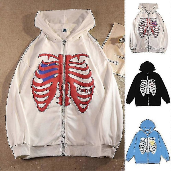 Skelett-Dragkedja Hoodie för Kvinnor Män Skelettjacka Hösttröja Black M