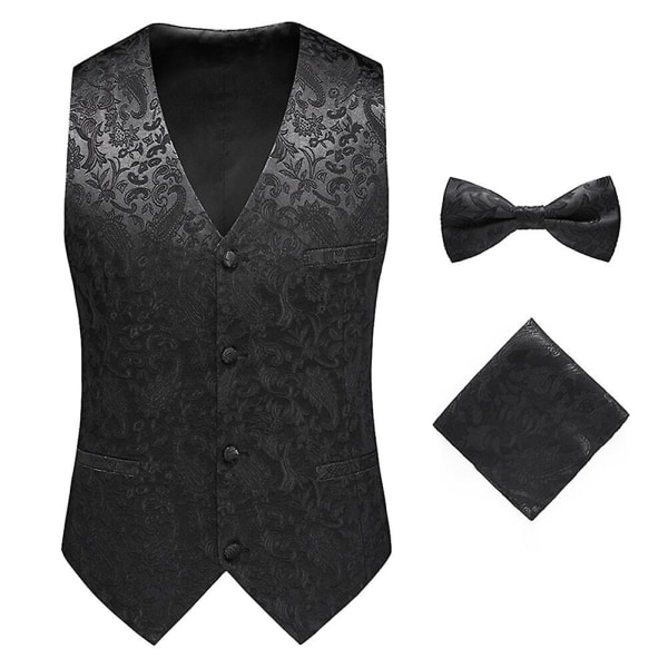 Sliktta Herr 3Pce Paisley Dress Vest och fluga Set och Pocket Square Black L