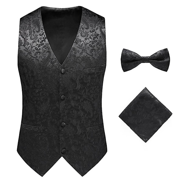 Sliktta Herre 3Pce Paisley Kjole Vest og sløjfesæt og Pocket Square Black XL