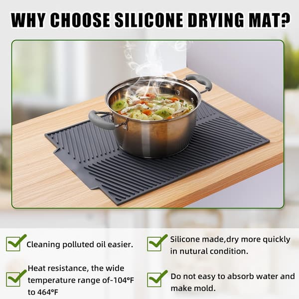 Grey Dish Drying Mat for Kitchen Counter, Large Silicone Dish Drying Mat, Easy Clean Non-Slip Heat Resistant Sink Mat, Foldable Dish Drying Rack Mat