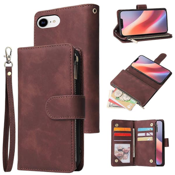 För iPhone 16e Plånboksfodral CASEME 013-serien PU Läder Telefonskydd Ställ Espresso Coffee