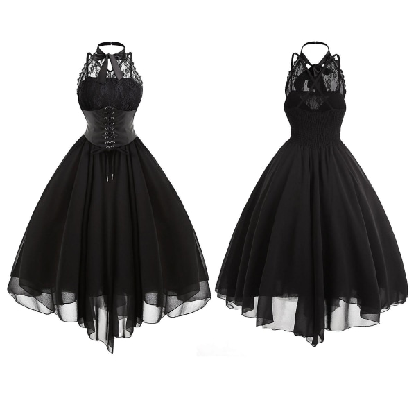 Steampunk Gotisk klänning för kvinnor ärmlös hög låg design spets medeltida kostym Black M