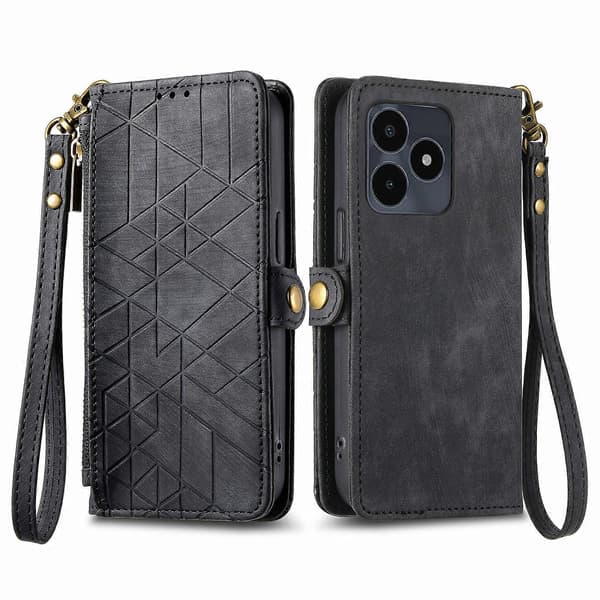 Geometrisk Plånboksfodral med Dragkedja, Sidospänne och Läder Black For Realme Note 50